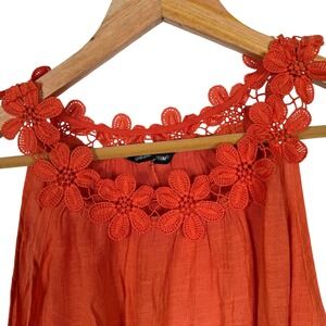 Unique Spectrum Cold Shoulder Top Womens Large Orange Floral Crochet Lace Blouse